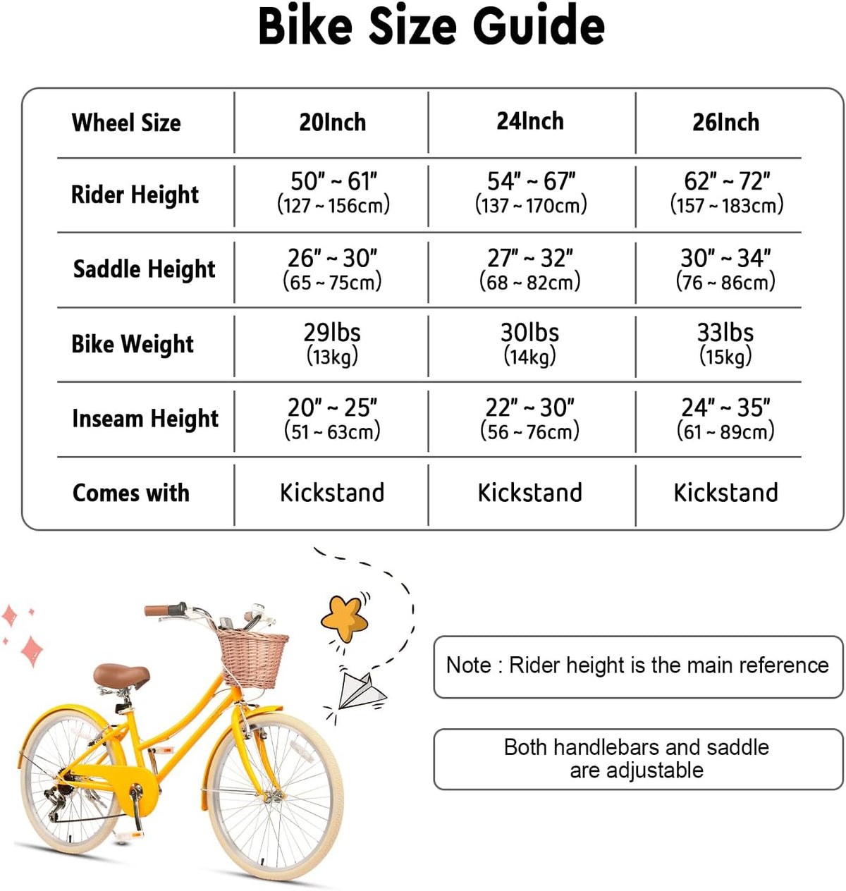 Glerc Missy 20, 24, 26 pulgadas bicicleta híbrida urbana tipo crucero para niñas, de 6 velocidades, con cesta de mimbre, para jóvenes mayores de 6 años, varios colores