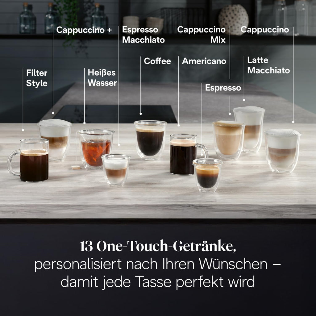 De'Longhi Magnifica Evo Next - Cafetera superautomática Perfetto con espumador de leche LatteCrema, 13 bebidas con un solo toque, cafetera para café y capuchino, pantalla táctil a color, titanio (ECAM312.80.SB)