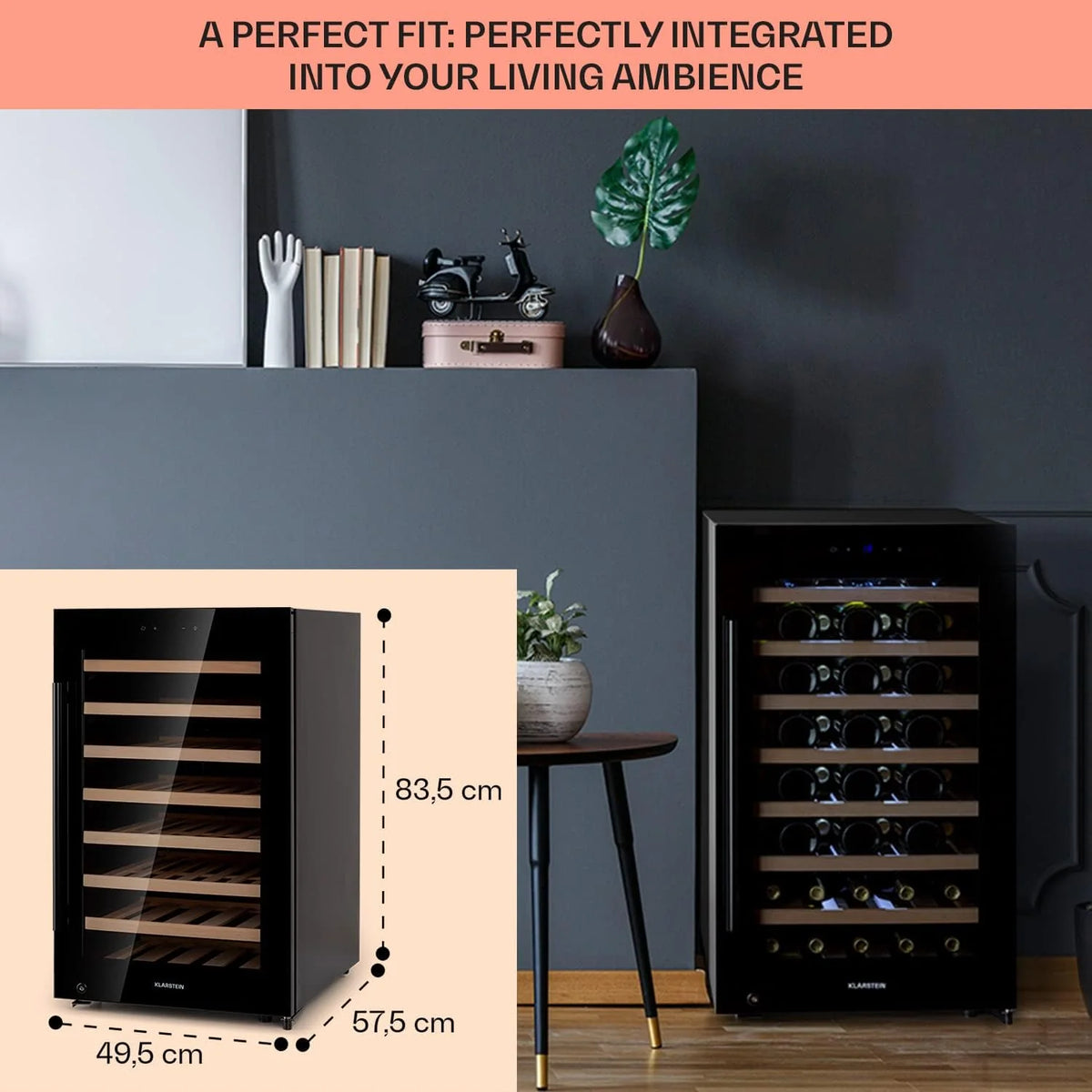 Klarstein Chłodziarka do wina wolnostojąca, Mała wąska lodówka na napoje, 1 strefa, chłodziarka ze szklanymi drzwiami, Beersafe Indoor/Outdoor, Mała lodówka z ochroną UV, 5-18°C, 52 butelki