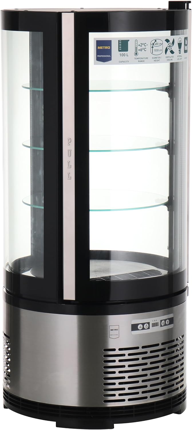 Vitrina refrigerada METRO Professional GRV1100, para hostelería, acero inoxidable/vidrio, 100 L, refrigeración por aire forzado, 490 W, indicador de temperatura,  descongelación automática, redonda, plateada, clase climática 6