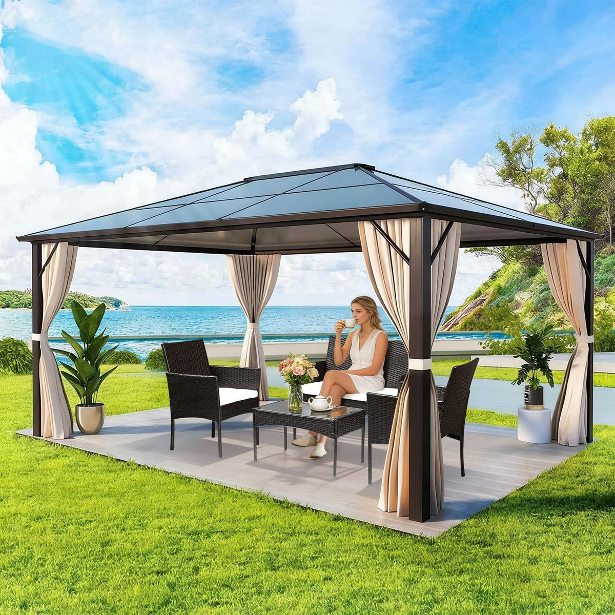 Set de muebles de jardín de ratán sintético para 4 personas, con sofá de 2 plazas, 2 sillas, mesa y cojines, resistente a la intemperie, conjunto de muebles de terraza y balcón en negro para jardín, patio y balcón