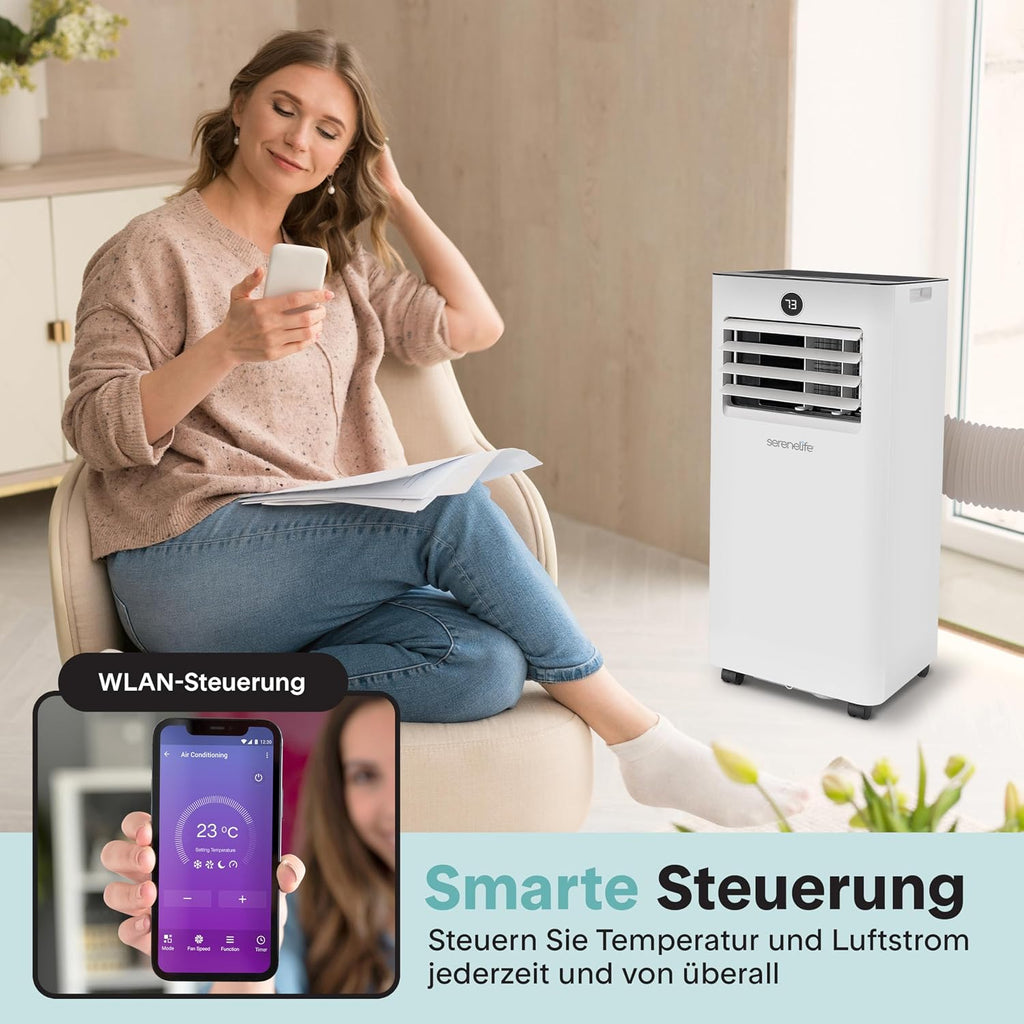 SereneLife Mobile Klimaanlage 9000BTU mit Abluftschlauch, 4-in-1 Klimagerät mit WLAN, Kühlen, Heizen Ventilator und Entfeuchter, bis 31 m², 24h Timer, 55dB, Inkl. Fensterkit, für Zuhause, Büro