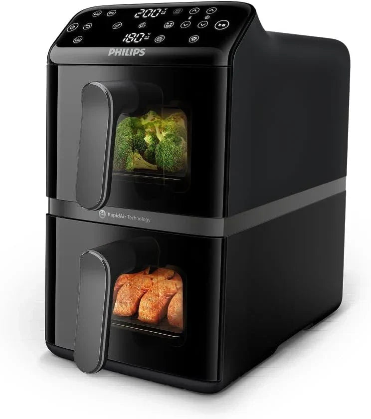 Philips Airfryer Serie 4000 de Doble Cesta Vertical 10L – Tecnología RapidAir, Sync, 2 cestas a la vez, 45% menos de espacio, revestimiento cerámico sin PFAS, ventanas de visualización (NA460/00)