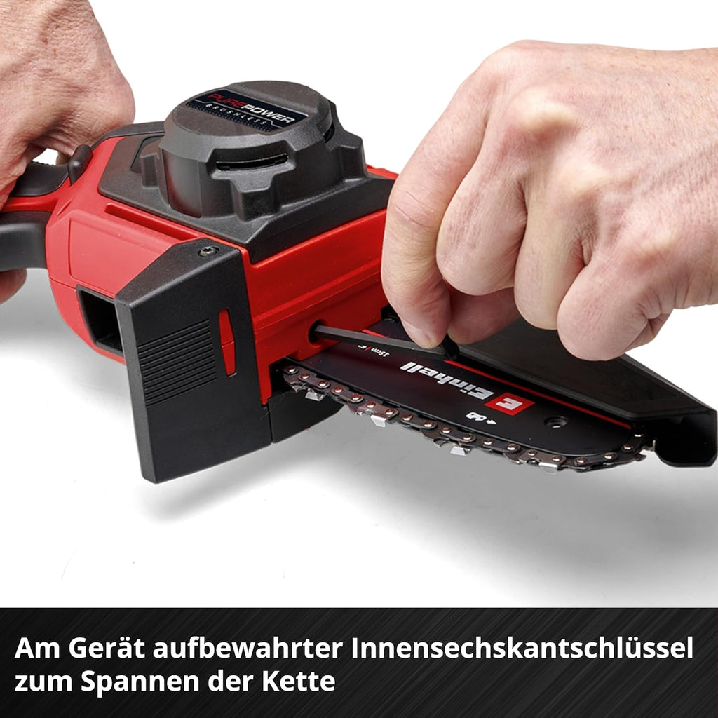 Einhell Sierra de poda a batería GE-PS 18/15 Li Bag Kit Power X-Change (18 V, motor sin escobillas, 12,5 cm de longitud de corte, incl. batería de 2,5 Ah, cargador, cadena de repuesto, bolsa Einhell 45/29)