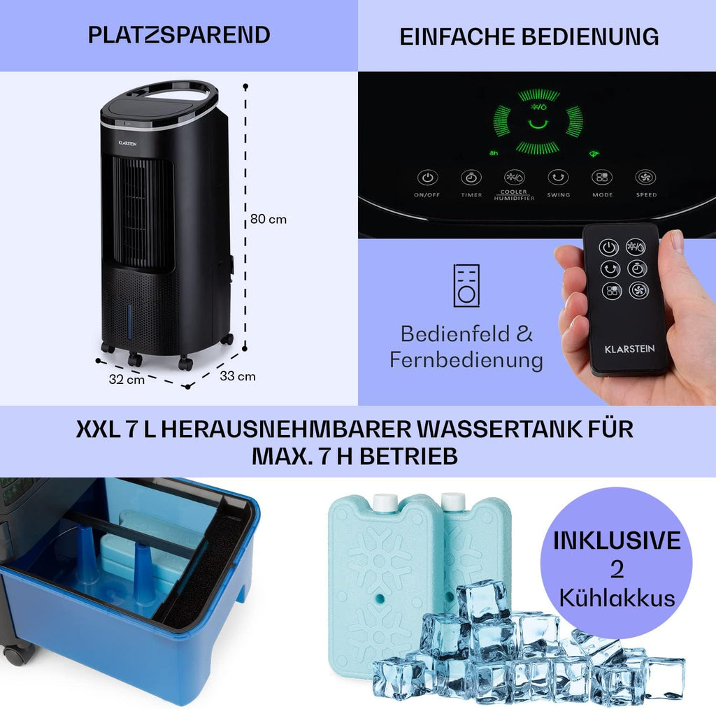 Enfriador de aire Klarstein con refrigeración por agua, enfriador evaporativo 4 en 1 silencioso, humidificador, ventilador y modo nocturno, aire acondicionado portátil de 7 L, enfriador de aire de 65 W, flujo de aire refrigerante de 330 m³/h