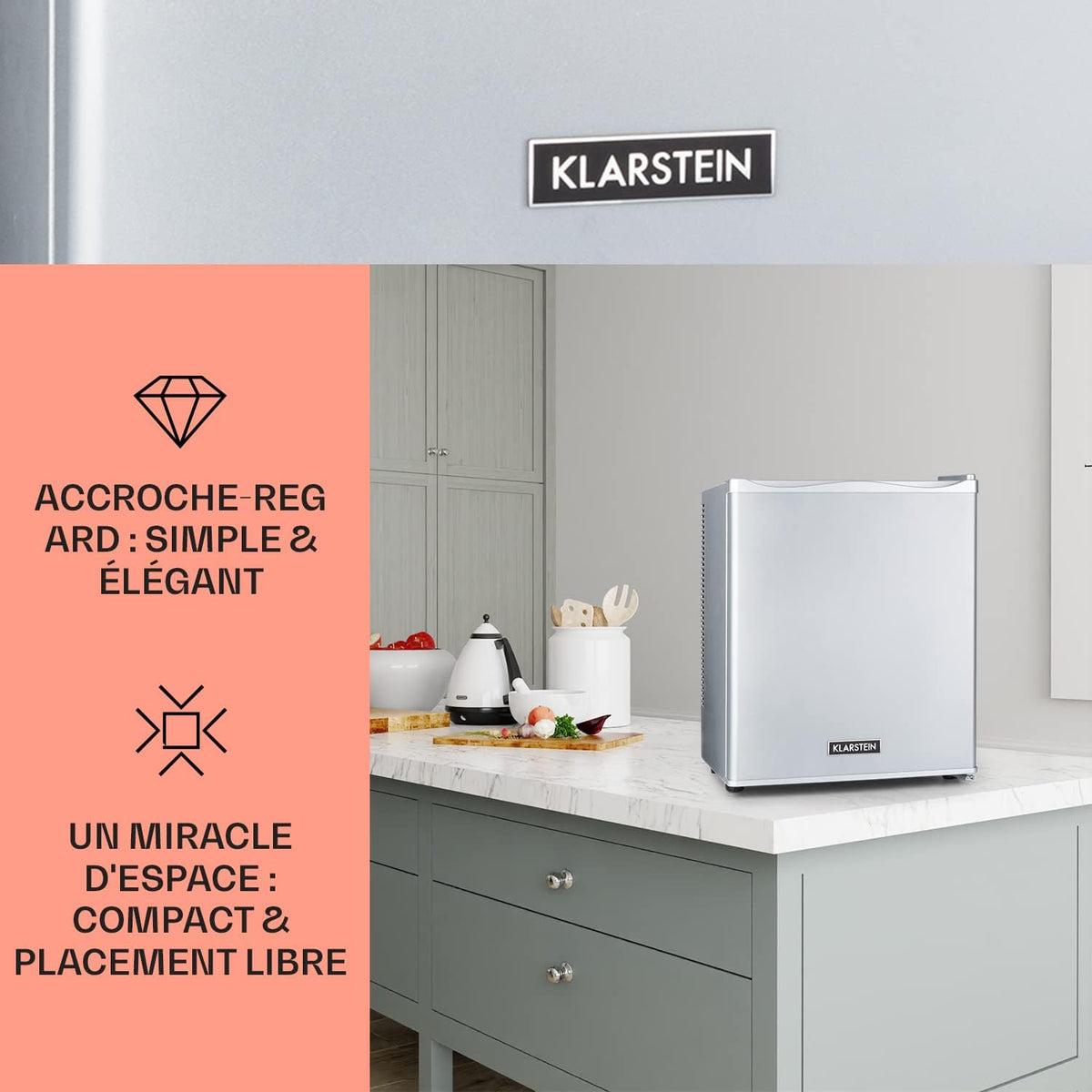 KLARSTEIN Petit refrigerador de habitación de 23L para aperitivos y bebidas, mininevera silenciosa, minibar, nevera de camping, refrigerador para cosméticos, refrigerador con estantes ajustables, 5-15°C