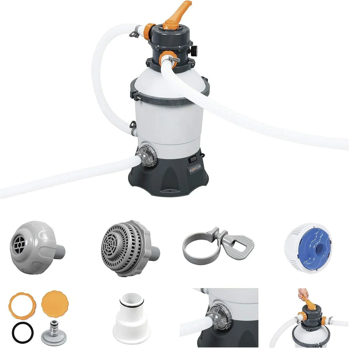 Sistema de filtro de arena 58515 para piscina elevada, capacidad de filtrado de 3028 l/h, 220 V, con dosificador ChemConnect y accesorios para piscina
