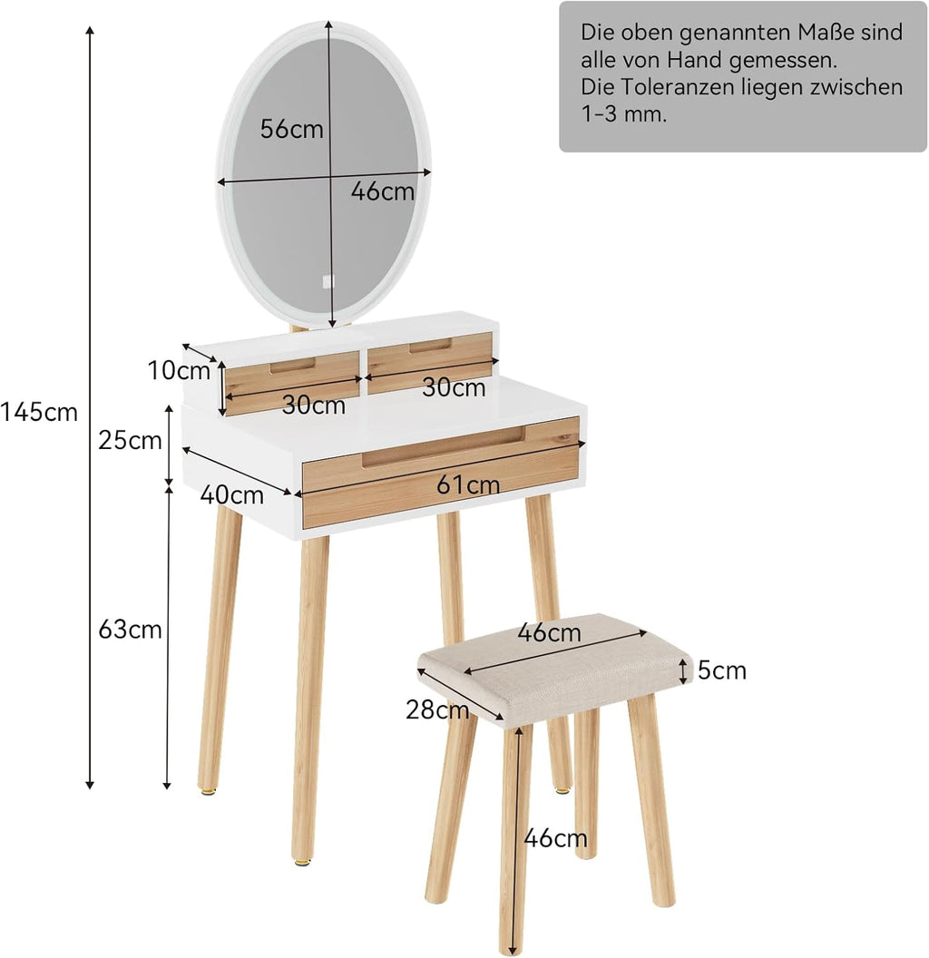 YU YUSING Tocador con iluminación LED y espejo, mesa de maquillaje con 3 cajones y taburete, brillo ajustable, tocador de 60 cm para espacios pequeños, dormitorio, color madera