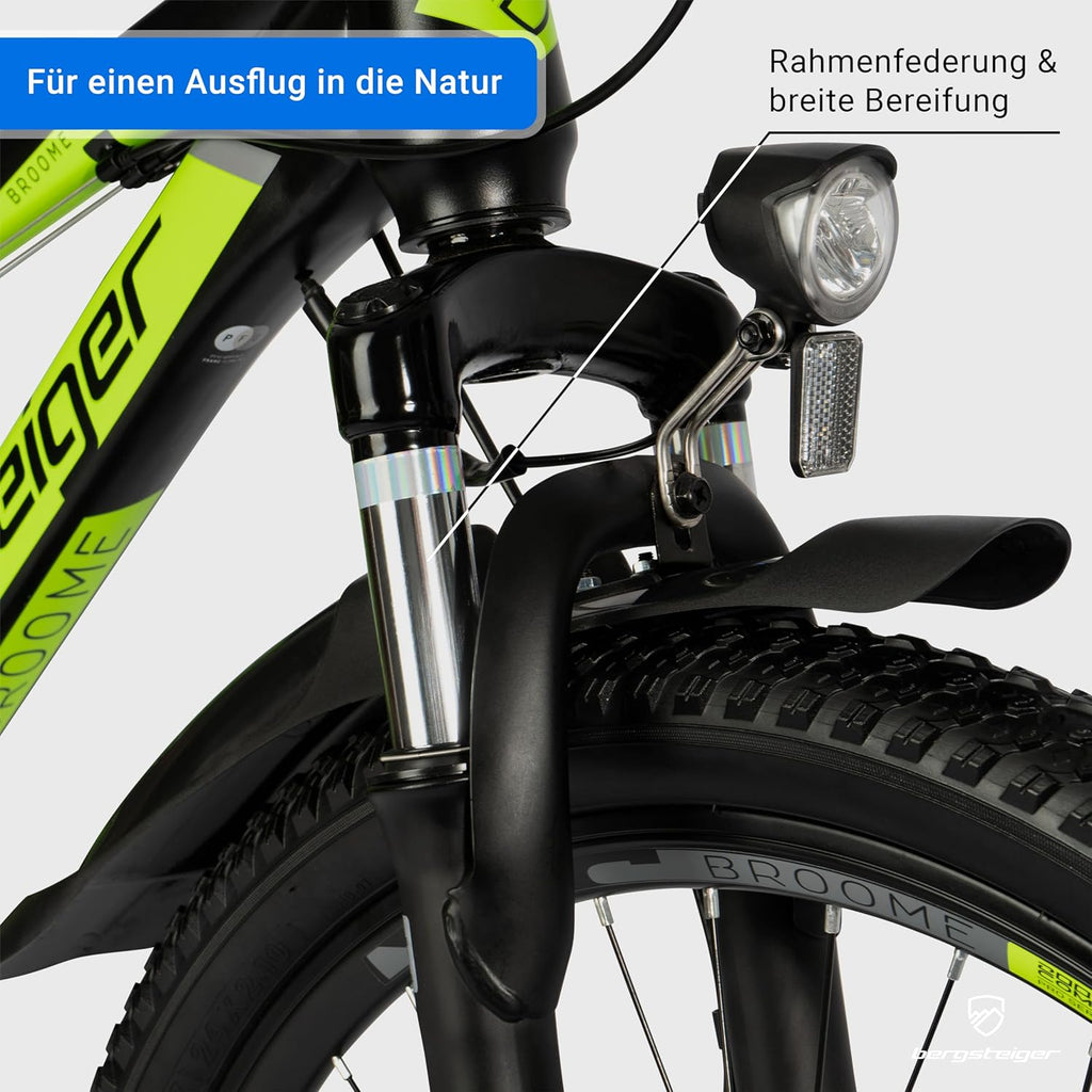 Bergsteiger Broome 24, bicicleta infantil de 26 pulgadas, cambio de 21 velocidades, cumple con StVZO, bicicleta de montaña con suspensión total, frenos de disco y luz de dinamo, adecuada para niños y niñas de 8, 9, 10, 11, 12, 13 años