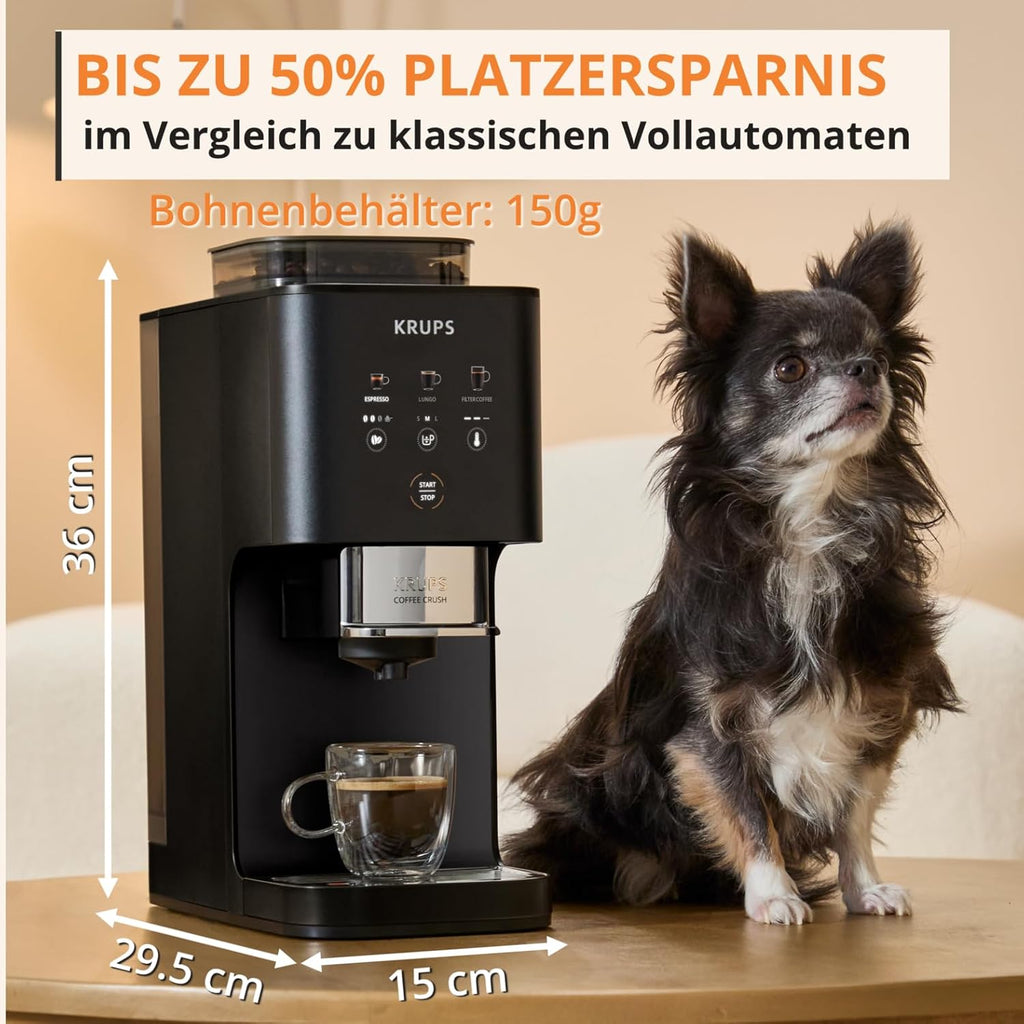 Cafetera superautomática Krups Coffee Crush Extra, molinillo de acero inoxidable para café recién molido, solo 15 cm de ancho, panel de control inteligente, también para café premolido, fácil limpieza, negro, SA4028E0