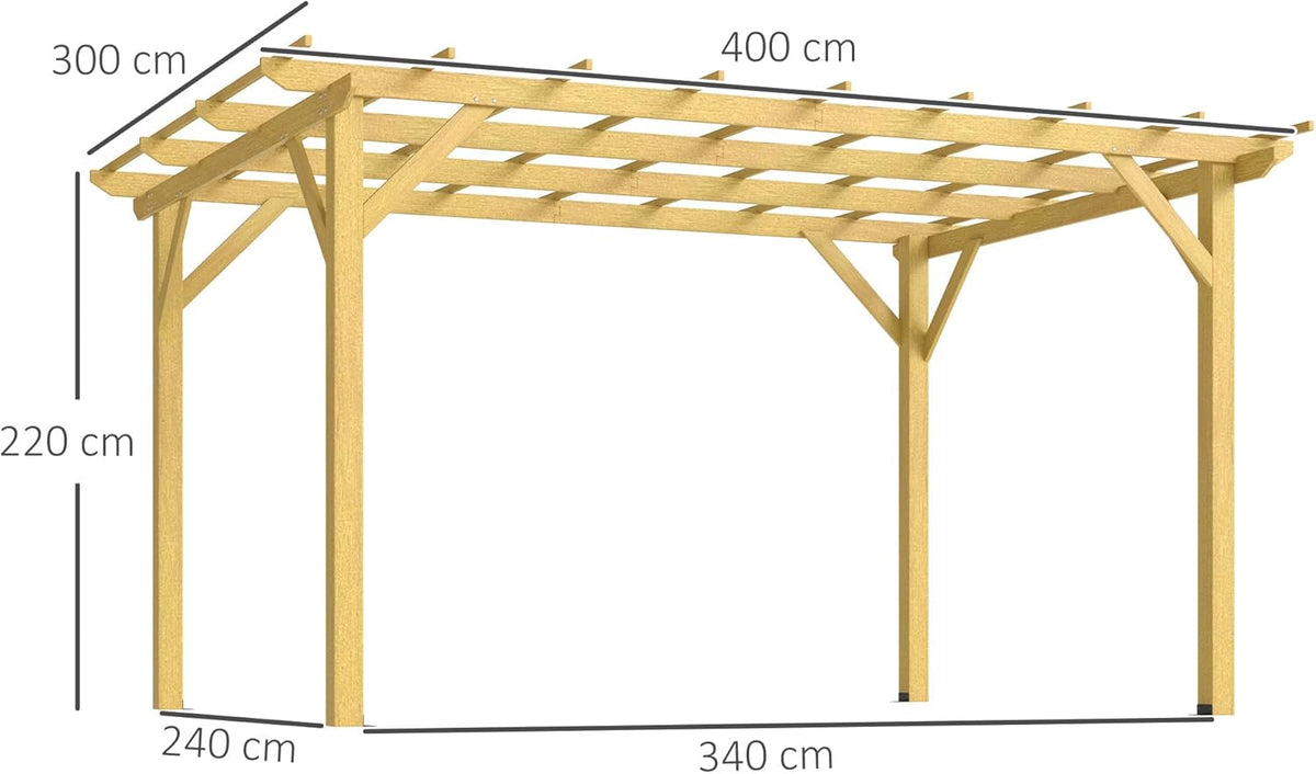 Pérgola de jardín exterior Outsunny 3 x 4 m, pérgola corredera retráctil, pérgola de madera, cenador para plantas trepadoras, flores, rosas, pérgola para terraza, patio, madera natural