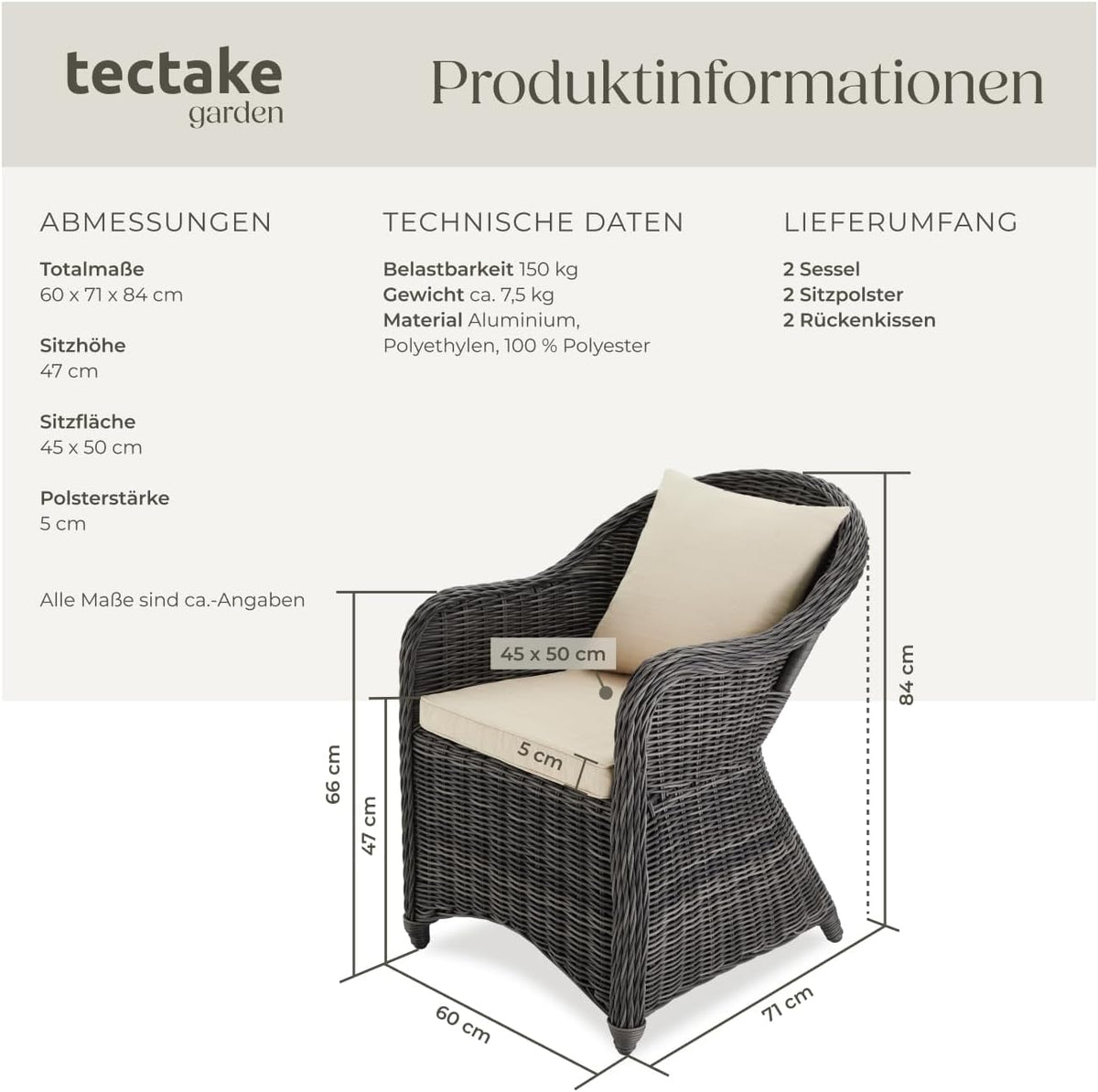 tectake® Set de 2 sillas de jardín de polirratán y aluminio, mobiliario de jardín con 2 sillones, resistente a la intemperie, sillón de jardín de ratán con cojines suaves, funda extraíble y lavable, estable y protector de suelos - gris