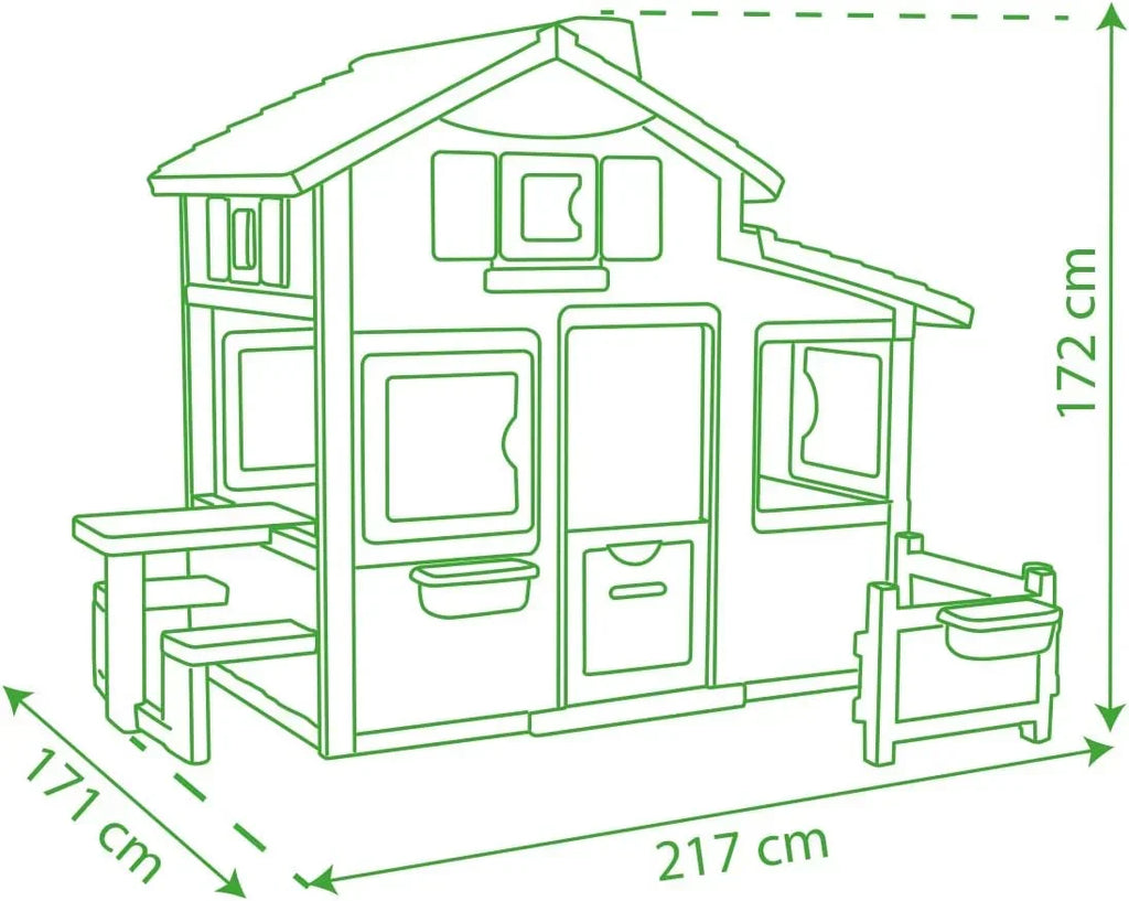 Smoby Life - Casita de juegos Friends House EVO con 2 puertas, 6 ventanas y mesa de picnic extraíble – Fabricada en material reciclado, protección UV, para niños a partir de 3 años (7600810208)