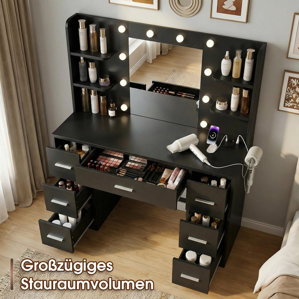 Tocador grande JUMMICO con iluminación LED ajustable y enchufes, tocador con espejo y 7 cajones, tocador moderno con 10 luces LED para dormitorio, negro