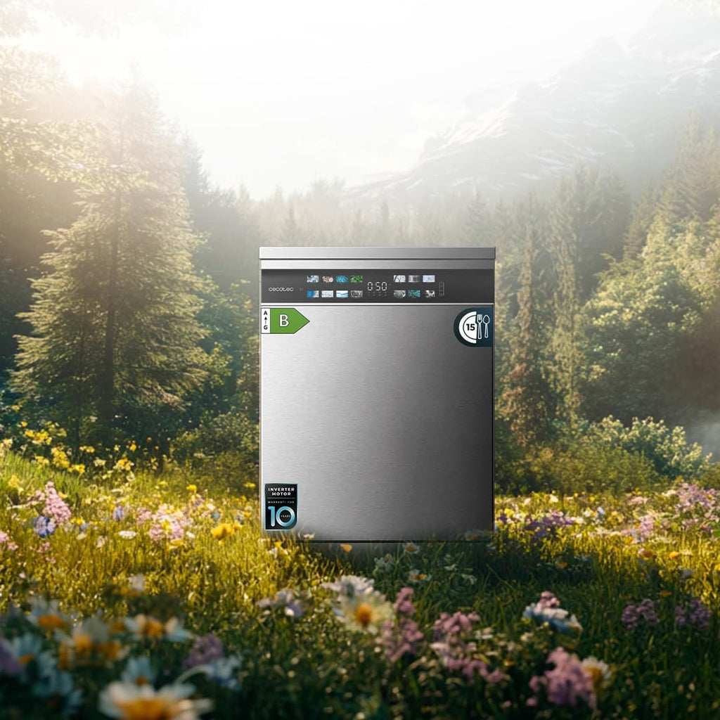 Lavavajillas Cecotec 60cm Bolero Aguazero 6700 Inox B Lavavajillas de acero inoxidable, 15 cubiertos, Clase B, Motor Inverter Plus, O2 Dry, lavado de doble zona, bandeja ajustable, almacenamiento largo y Turbo Dry+.