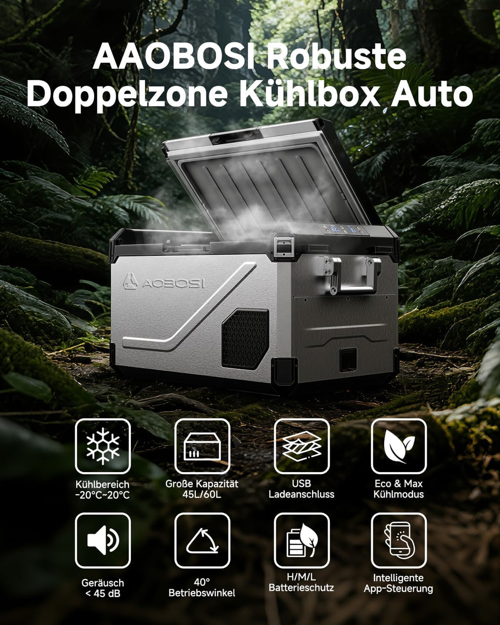 AAOBOSI Nevera de compresor de 45L con doble zona hasta -20℃, carcasa de acero inoxidable e interior de aluminio, 12/24V DC y 230V AC, nevera de compresor para coche, barco, camping y todoterreno