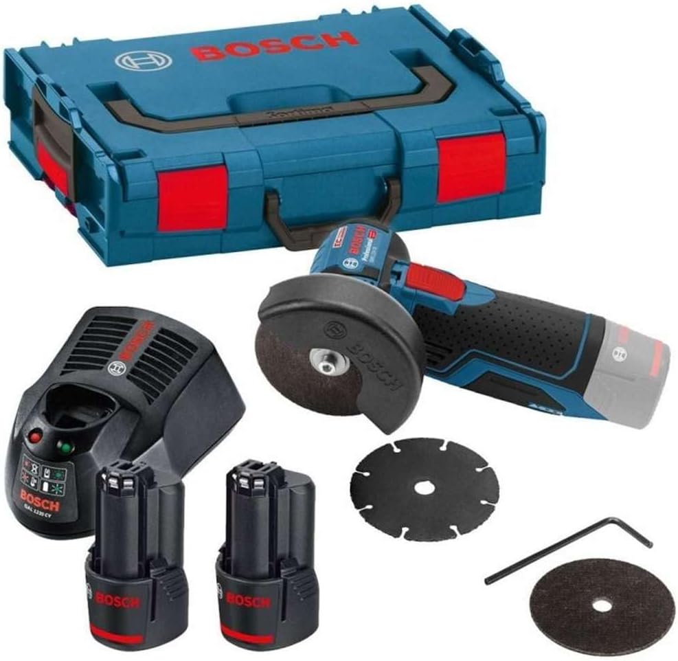 Amoladora angular a batería Professional 12V GWS 12V-76 (incluye 2 baterías de 3.0 Ah, cargador rápido GAL 1230 CV, 1 disco Carbide Multi Wheel, 2 discos de corte Expert for Inox, L-BOXX 2)