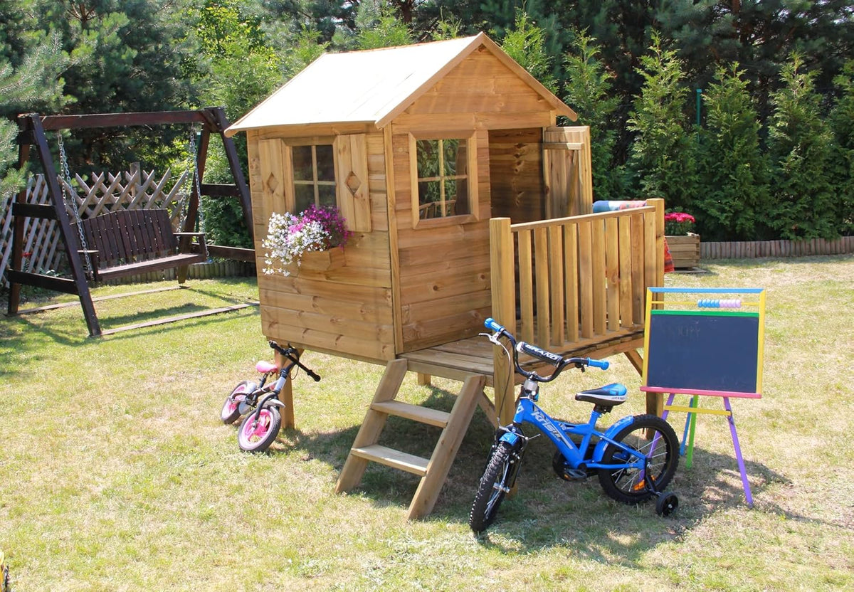 Casita de jardín para niños - Casa de juegos infantil para exterior - De madera de pino cepillada e impregnada - Casita de jardín original y única - Tipo de madera: pino cepillado