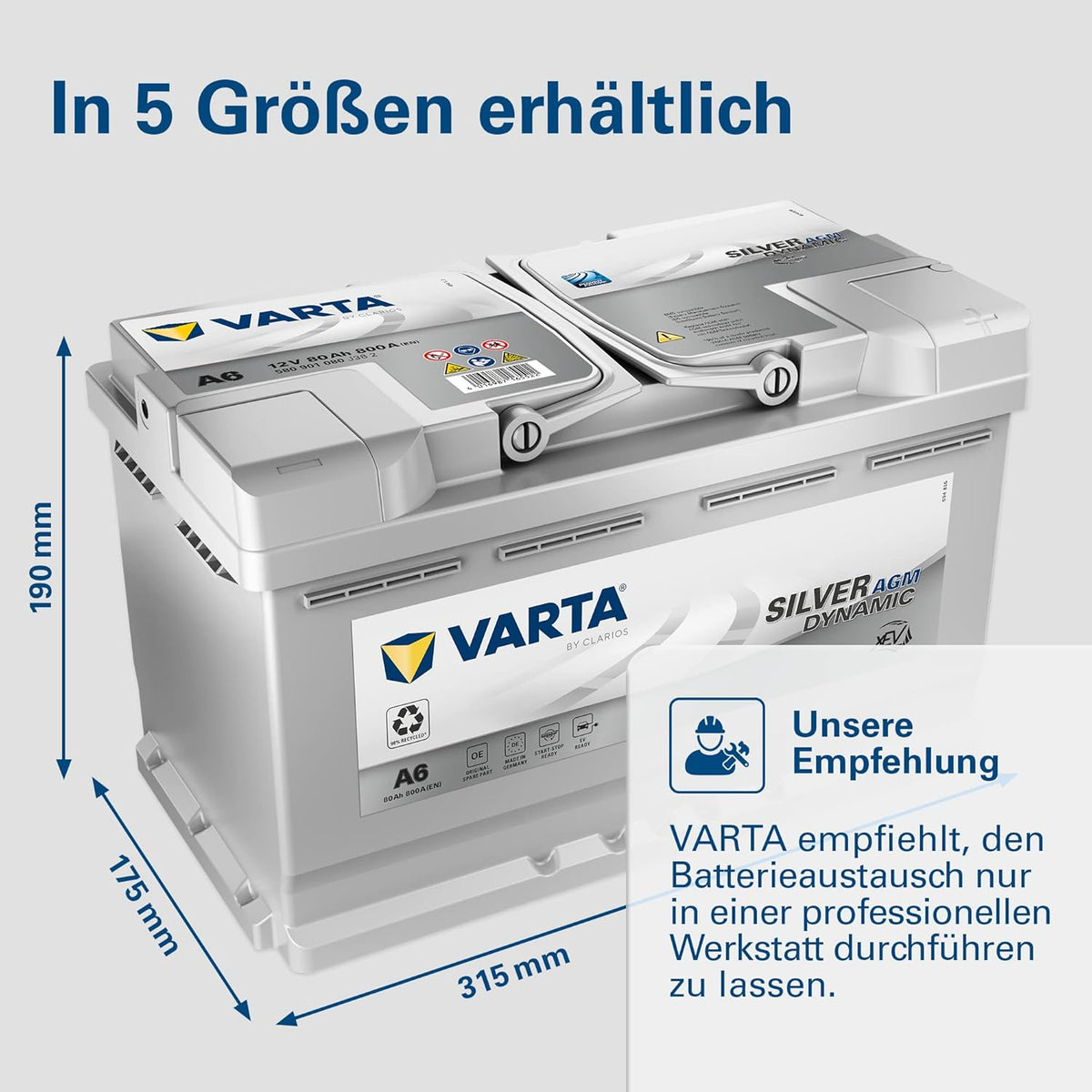 Batería VARTA Silver Dynamic AGM A6 – Batería de coche Start-Stop y xEV 12V 80Ah 800A – Batería de arranque para coches con alta demanda energética