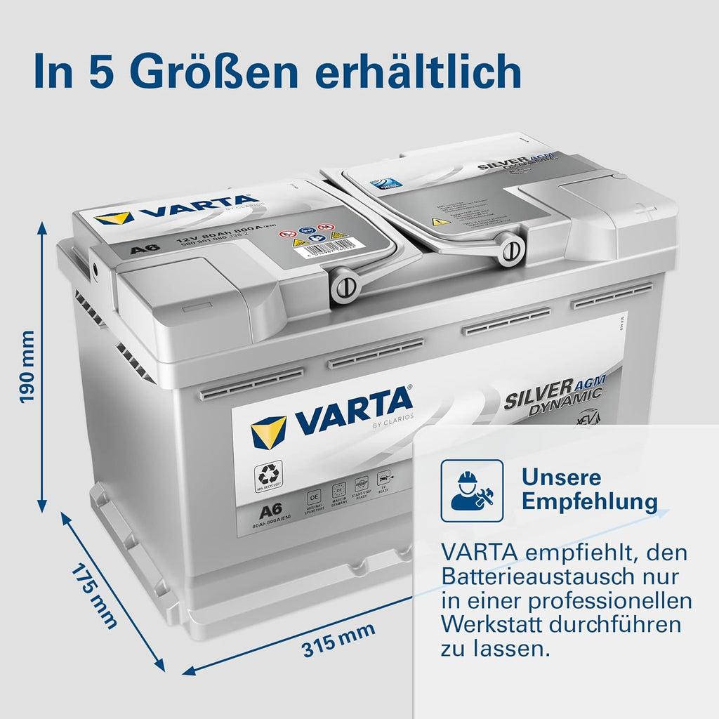 Batería VARTA Silver Dynamic AGM A6 – Batería de coche Start-Stop y xEV 12V 80Ah 800A – Batería de arranque para coches con alta demanda de energía