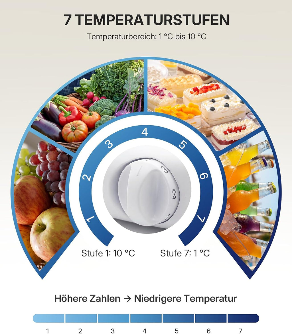 Refrigerador Upstreman 71L sin congelador, 1-10°C, control de temperatura de 7 niveles, iluminación LED, 40 dB silencioso, refrigerador de espacio completo de bajo consumo para dormitorio, oficina, cocina, CR71-Plata