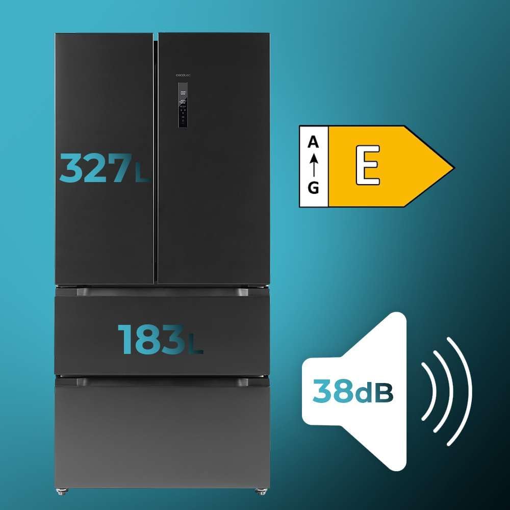 Frigorífico French Door Cecotec Dark 510 L Bolero CoolMarket FD 510 Dark E. 183 cm de alto, 84 cm de ancho, motor Inverter Plus, refrigeración y congelación rápidas, MultiAirFlow, Total NoFrost