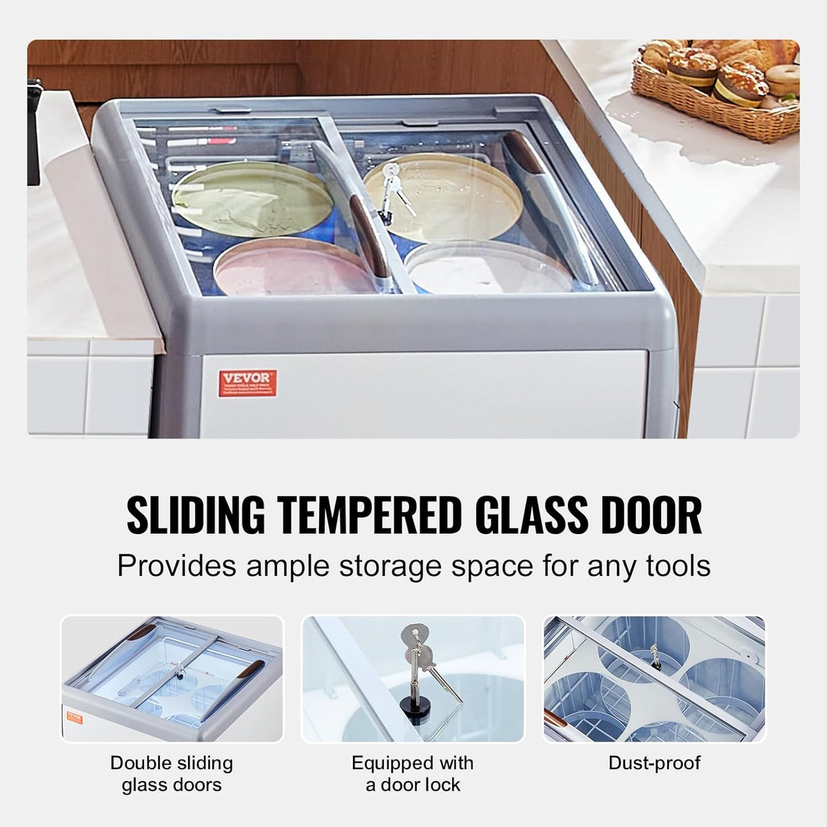 Vitrina comercial para helados VEVOR, arcón congelador de 158 L, congelador móvil con tapa de cristal, vitrina para heladería de restaurante con 4 recipientes grandes, 2 puertas correderas de cristal, ruedas bloqueables, blanco