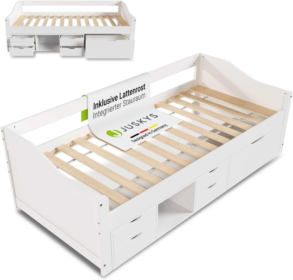 Cama funcional Juskys Nalu 90x200 cm - Cama de madera con somier y cajones - Cama con almacenamiento para niños - Cama juvenil, cama infantil, cama de invitados - Blanco