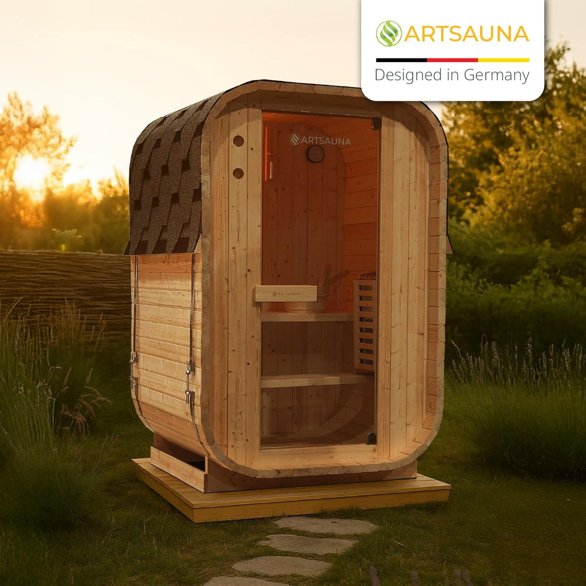 Sauna de barril Artsauna Nolvik S, sauna de exterior de madera de abeto, estufa de 3,6 kW, LED, set completo con reloj de arena, cubo y termómetro, resistente al invierno, diseño de cubo