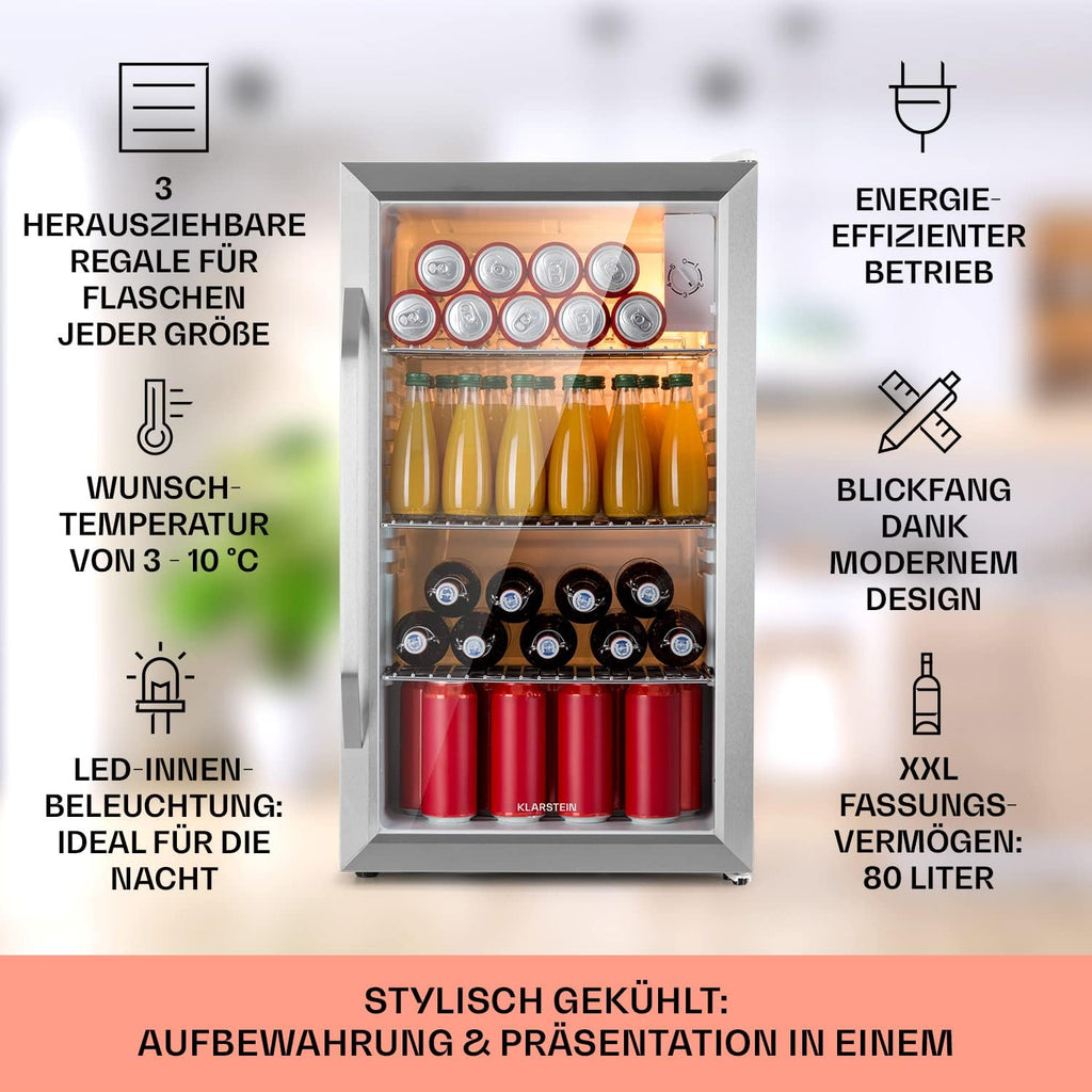 Mininevera Klarstein con puerta de cristal para habitaciones, refrigerador de bebidas con estantes ajustables, pequeño de 80 litros, frigorífico silencioso para interiores/exteriores