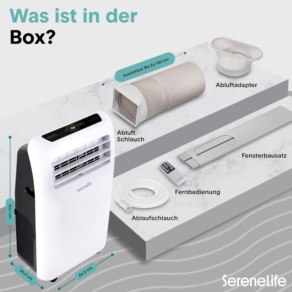 SereneLife Klimaanlage mobil 4-in-1: Luftkühler, Ventilator, Luftentfeuchter + Heizung – Tragbares Klimagerät mit Abluftschlauch, Fernbedienung & Kit für Räume bis 42 m² – Fenster-Montage 9,000 BTU