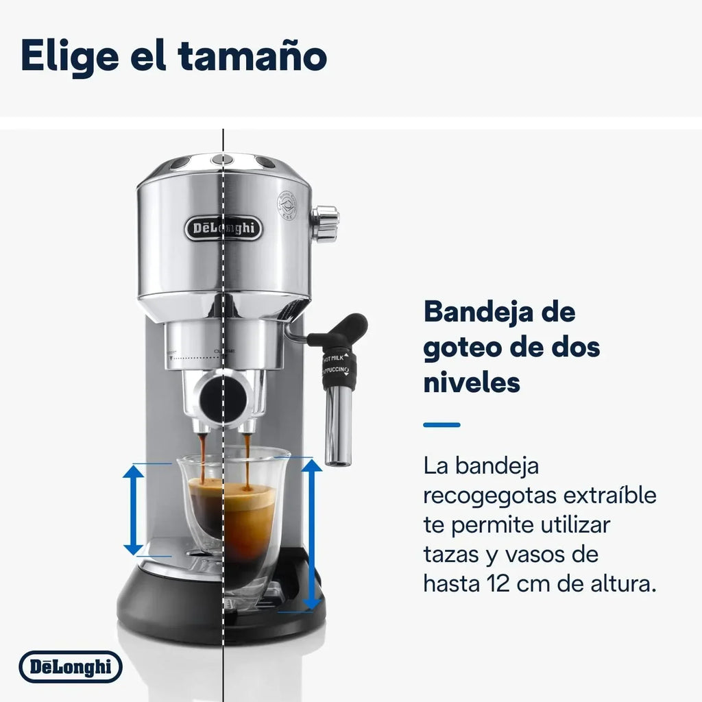 De'Longhi Dedica – Cafetera de bomba de acero inoxidable para café molido o monodosis, espresso y capuchino, depósito de 1,3 litros, sistema antigoteo, modelo EC685.M, color metal