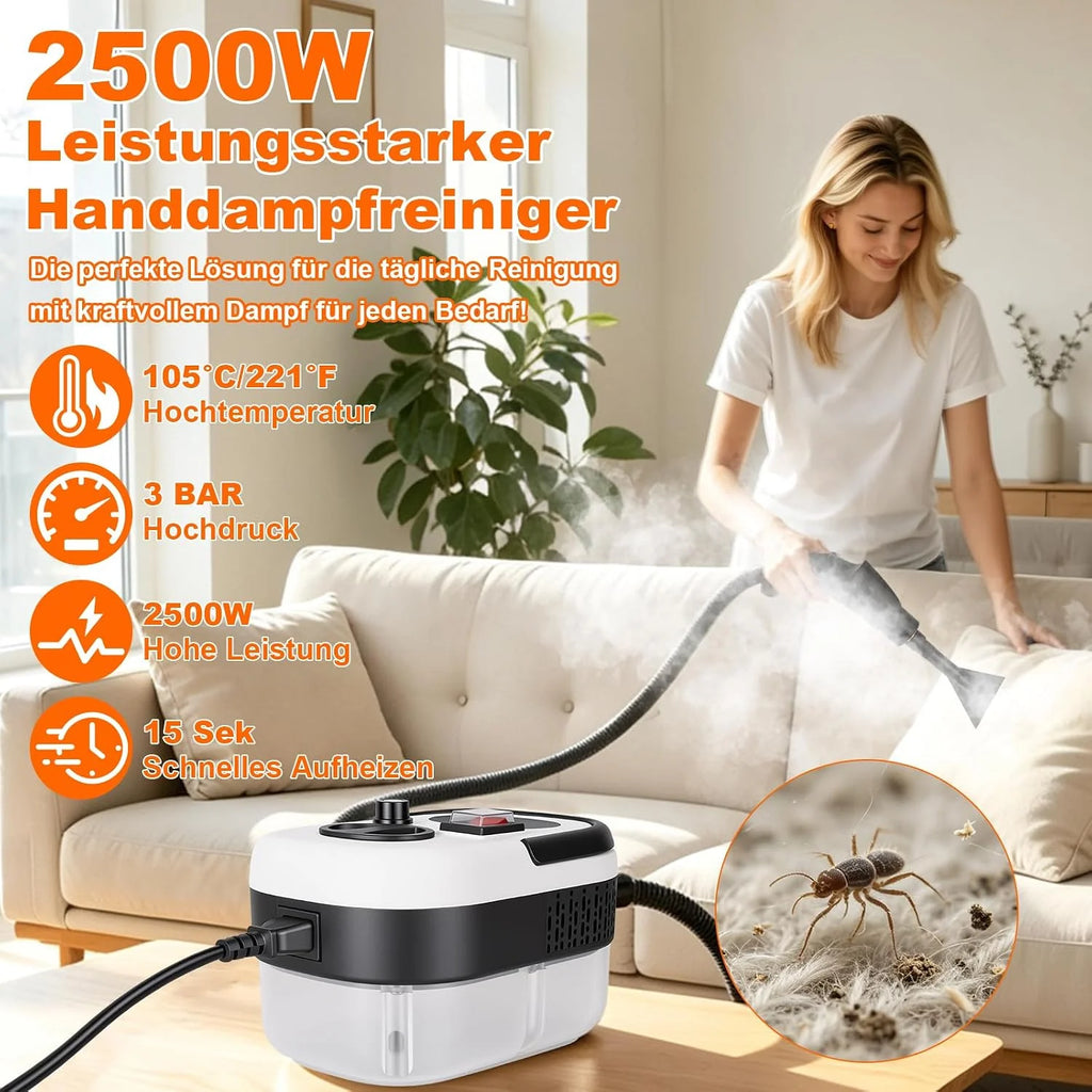 Myjka parowa, 2500 W, wielofunkcyjna, ręczna myjka parowa z 6 prędkościami regulacji, 8 rodzajów dysz, 1250 ml