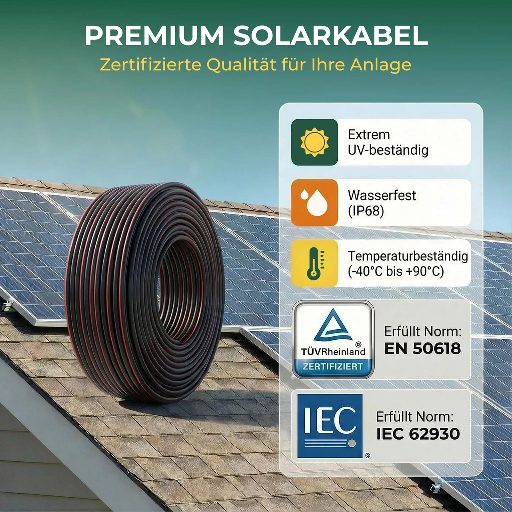 Cable solar fotovoltaico H1Z2Z2-K 6 mm² rollo de 100 m negro cobre 1500 V resistente a los rayos UV certificado por TÜV