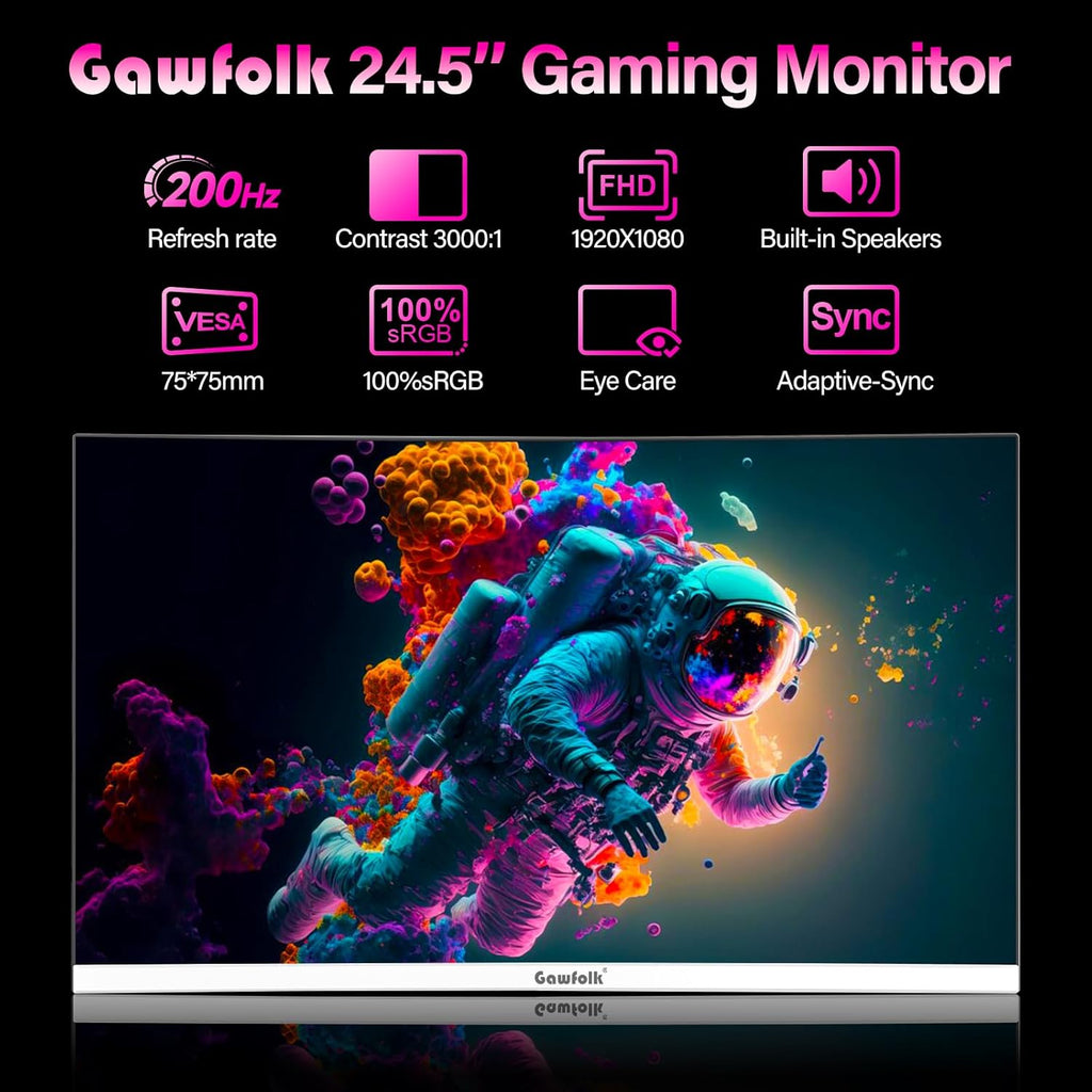 Monitor para PC Gawfolk de 24.5 pulgadas Full HD (1920x1080), 200Hz, 1ms, 3000R Eye Care y FreeSync, compatible con VESA: ¡el monitor para PC ideal! HDMI, DP, protección ocular, inclinable, VESA 75x75