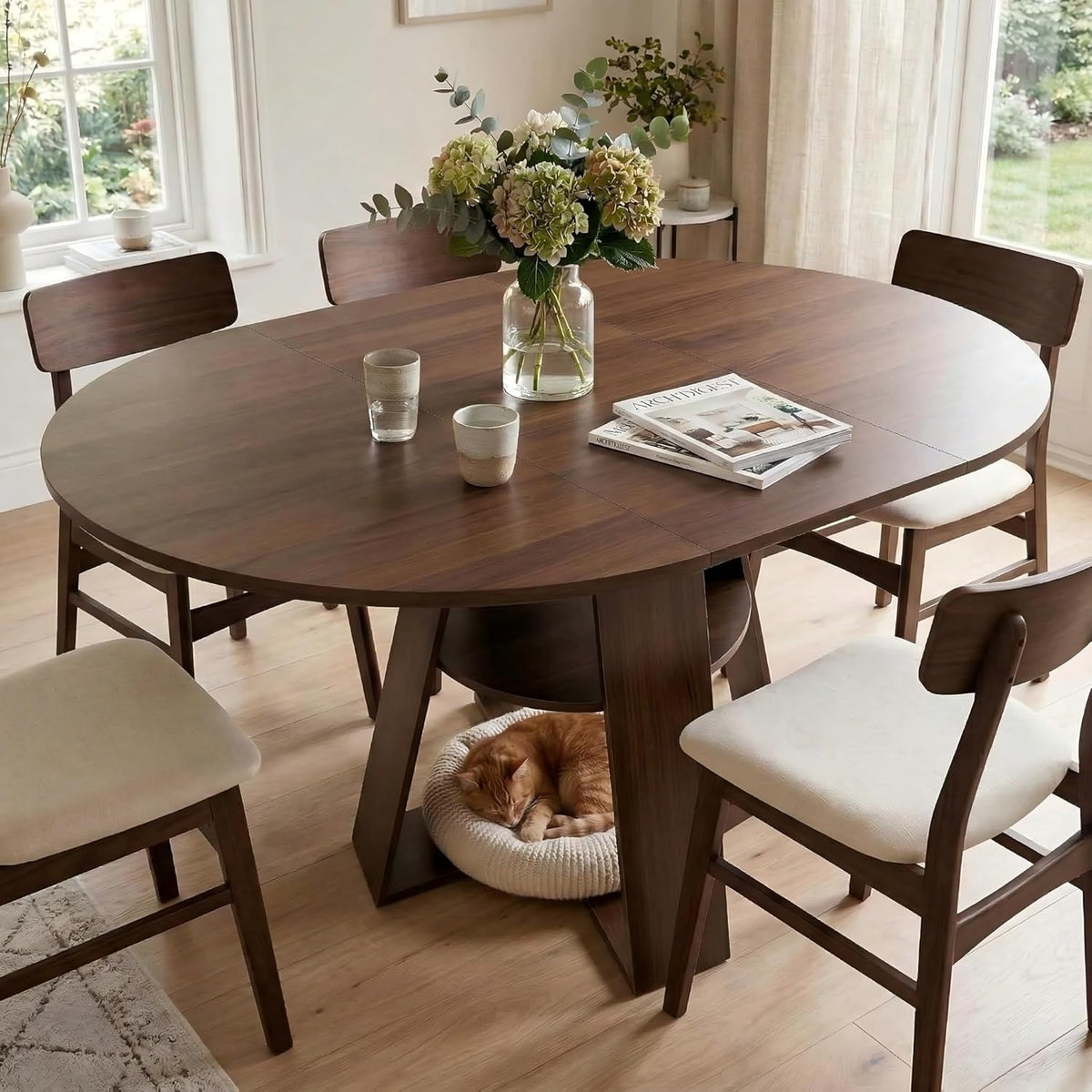 Mesa de comedor redonda extensible, mesa de comedor extensible blanca 100-140x100x75 cm, mesa extensible de comedor para 2-8 personas, mesa de cocina con tablero extraíble, estructura de madera con estante, nogal