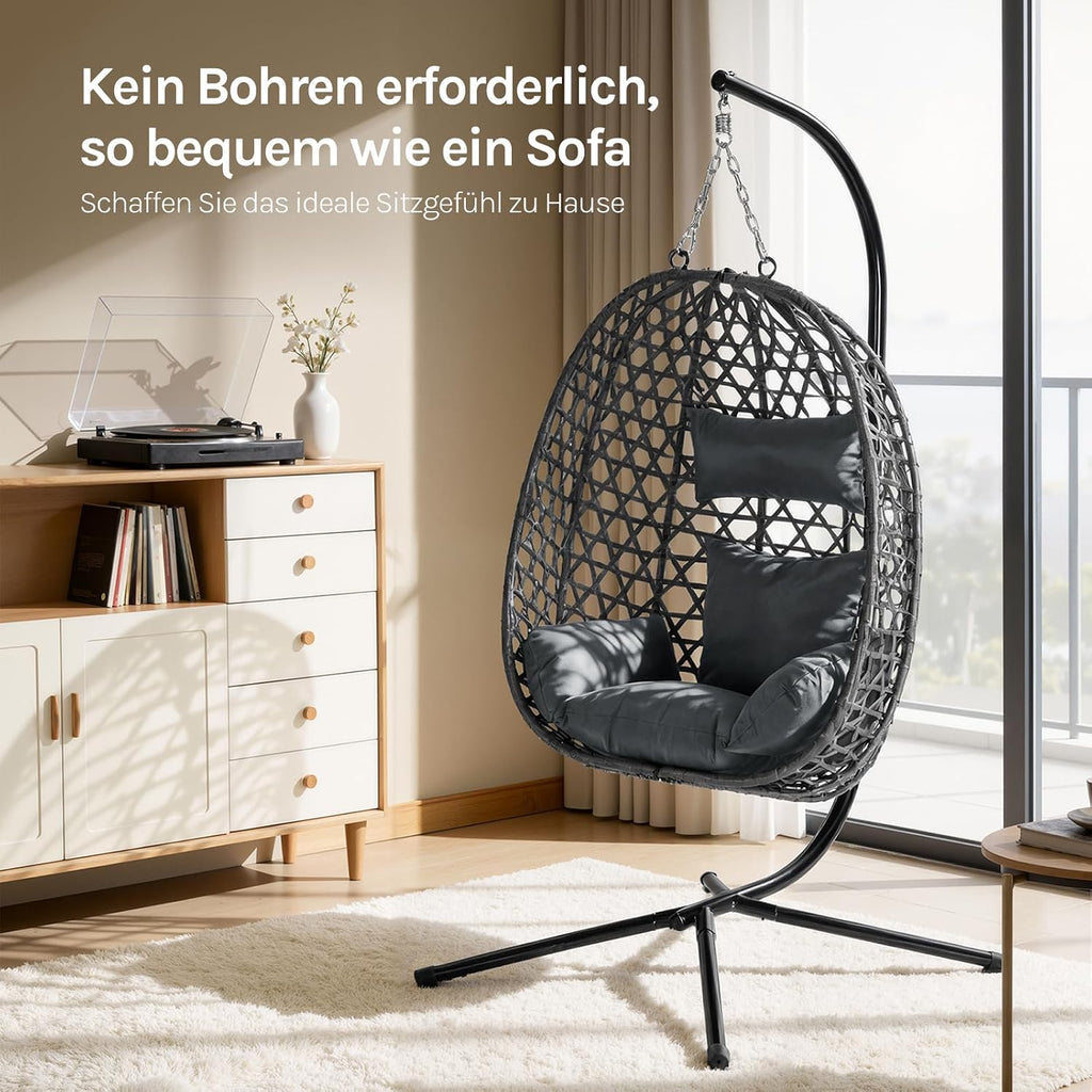 Silla colgante WOLTU con soporte, carga hasta 150 kg, silla colgante de ratán PE, con cojín de asiento y reposacabezas, para interior y exterior, gris