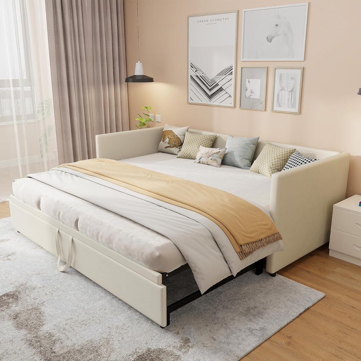 Sofá cama de 200 cm de ancho, sofá cama extraíble, cama abatible con sofá, cama Murphy de 90/180 x 200 cm, cama tapizada tipo diván extraíble con somier, cama de matrimonio, tela de terciopelo, sin colchón (beige)