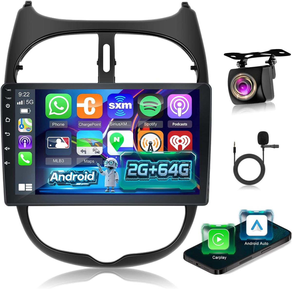 Autorradio Android NHOPEEW 2G+64G para Peugeot 206/206CC 2002-2008 - Carplay inalámbrico y Android Auto - Autorradio Carplay de 9 pulgadas con WiFi, ecualizador, GPS, FM, RDS + cámara de visión trasera AHD