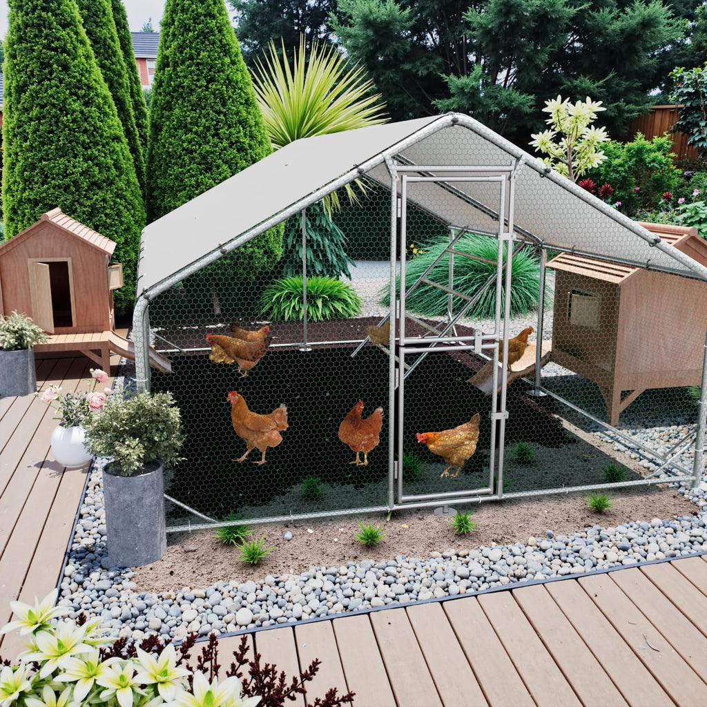 Gallinero de metal con recinto exterior y techo CC3X4X2, 3x4x2 m, resistente a la intemperie, para 10 a 20 gallinas, incluye escalera de descanso y accesorios