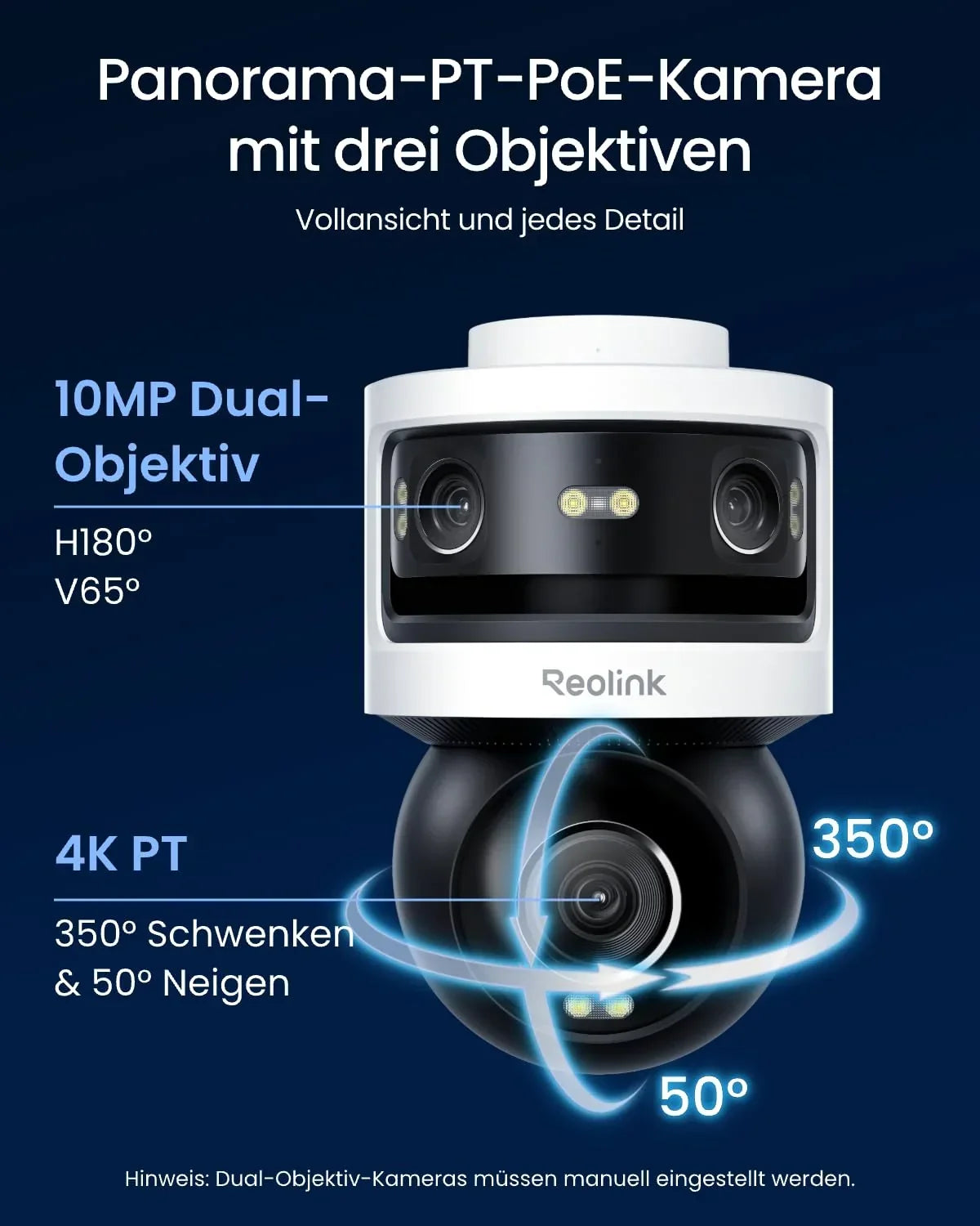Cámara de seguridad PoE para exteriores Reolink de 3 lentes, OMVI 3i PoE, 10MP 180°, 4K PT con seguimiento automático, búsqueda por IA, perímetro, color e infrarrojos, 24/7