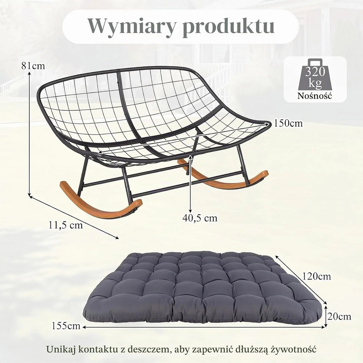 COSTWAY Fotel bujany na zewnątrz dla 2 osób, fotel bujany z grubą poduszką