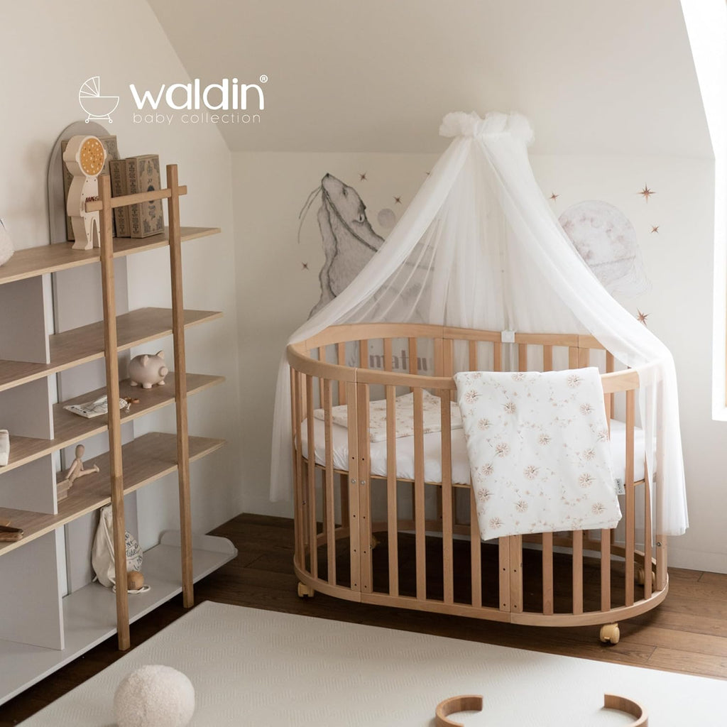 Cuna ovalada evolutiva Waldin, set completo 7 en 1, cuna de barrotes, cama infantil con colchón, cambiador, cuna colecho, madera blanca