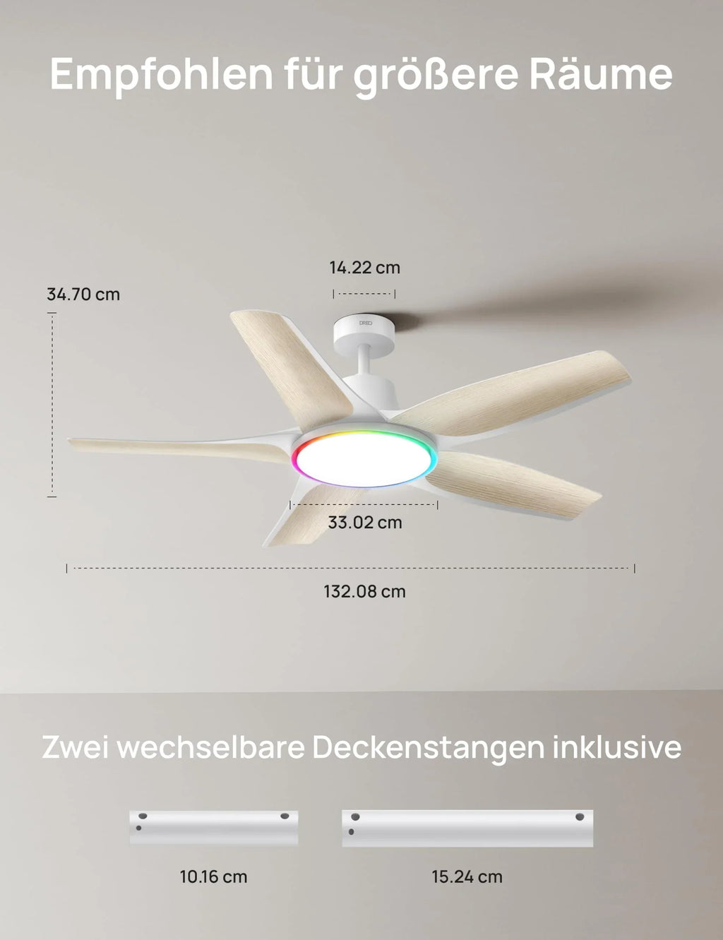 Ventilador de techo con luz LED de 132 cm, regulable, luz ambiental RGB, motor CC de 54 W, control por aplicación y Alexa