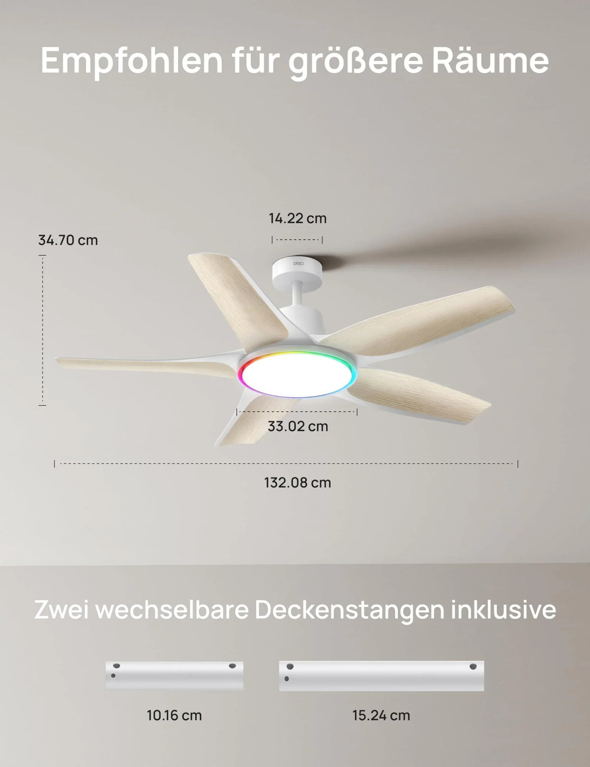 Ventilador de techo con luz LED de 132 cm, regulable, luz ambiental RGB, motor CC de 54 W, control por aplicación y Alexa