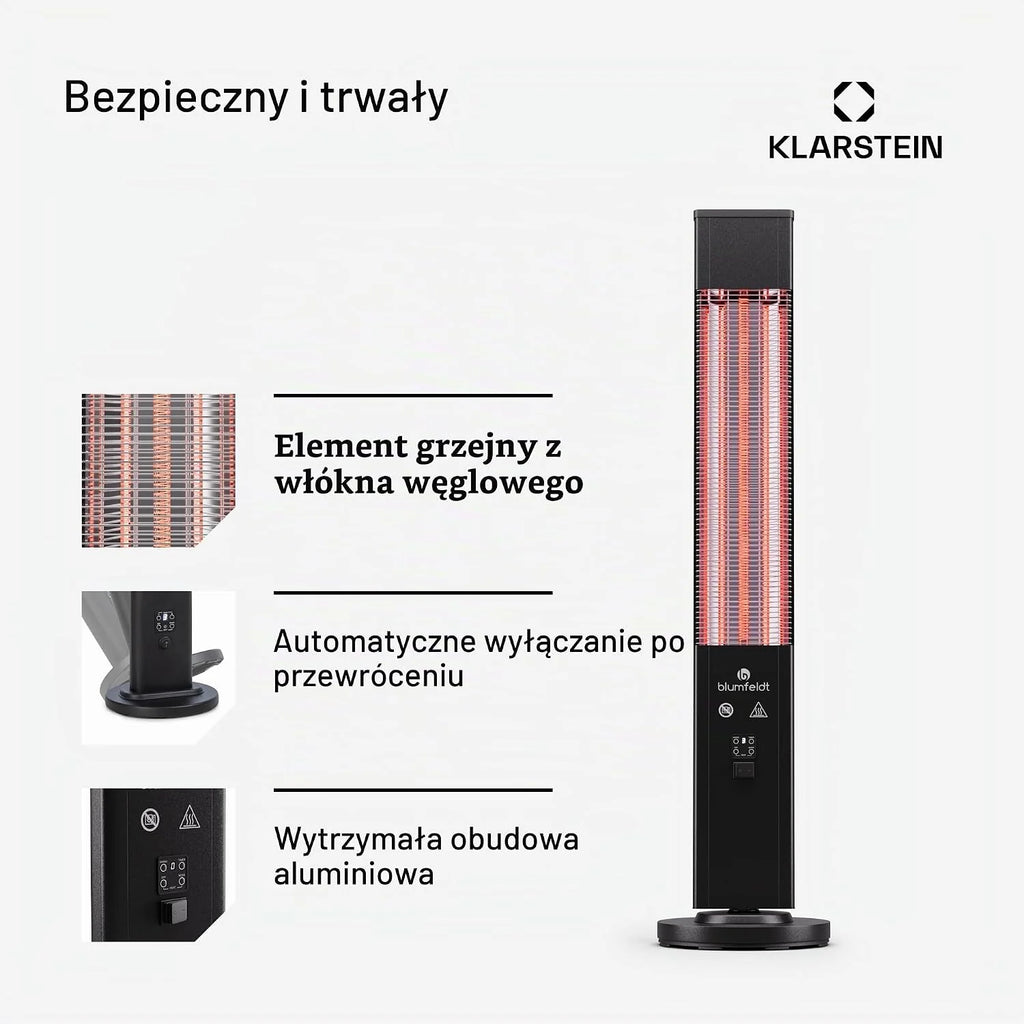 blumfeldt Ogrzewanie na podczerwień wolnostojące, 3000W grzejnik elektryczny, Ogrzewanie Indoor/Outdoor, IR z zabezpieczeniem przed przewróceniem i pilotem, Wydajne IP65, tarasowe