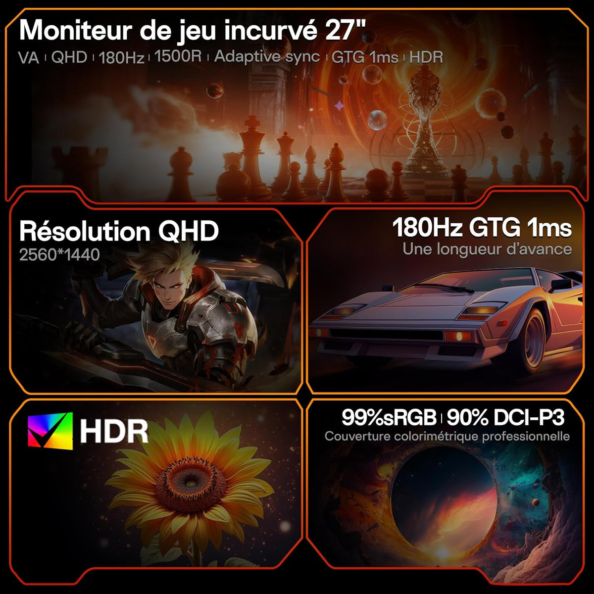 Monitor Gaming KOORUI de 27 pulgadas, pantalla QHD 2560x1440, 180 Hz, pantalla curva, Adaptive-Sync, VESA 100x100 mm, 2xHDMI 2.0 y 1xDisplayPort 1.4