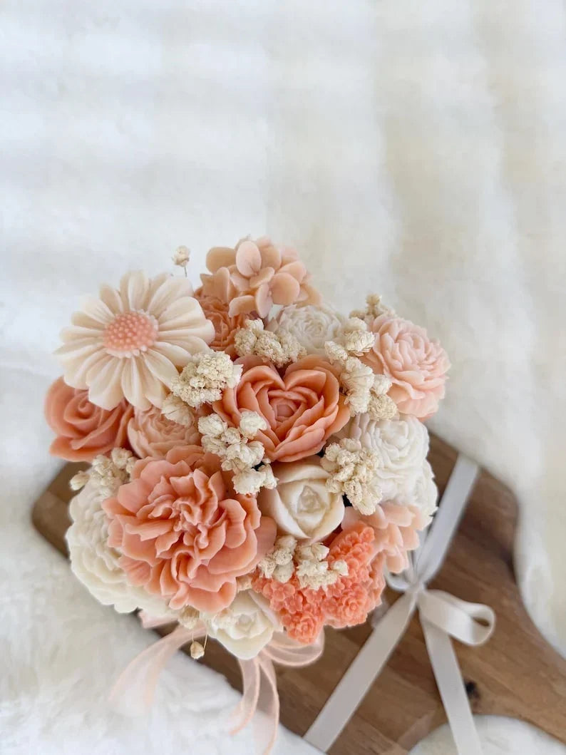 Ramo de flores de cera de color naranja pastel con 15-22 flores en caja de regalo de 12 cm