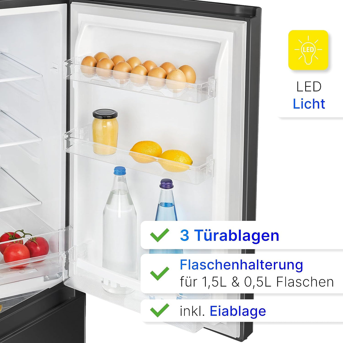 Refrigerador con congelador Bomann® de 143 cm de altura | Frigorífico combi de 175 L con 3 estantes y 3 cajones | Sentido de apertura de puerta reversible | Frigorífico combi silencioso de 39 dB | Frigorífico KG 322.1 aspecto inox