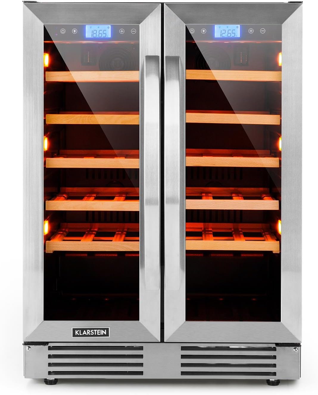 Klarstein Vinovilla Duo42, Bodega climatizada, Refrigerador de bebidas, Volumen: 126 L, 2 x 5 estantes de madera, Iluminación interior LED en 3 colores seleccionables, 2 zonas de enfriamiento, negro